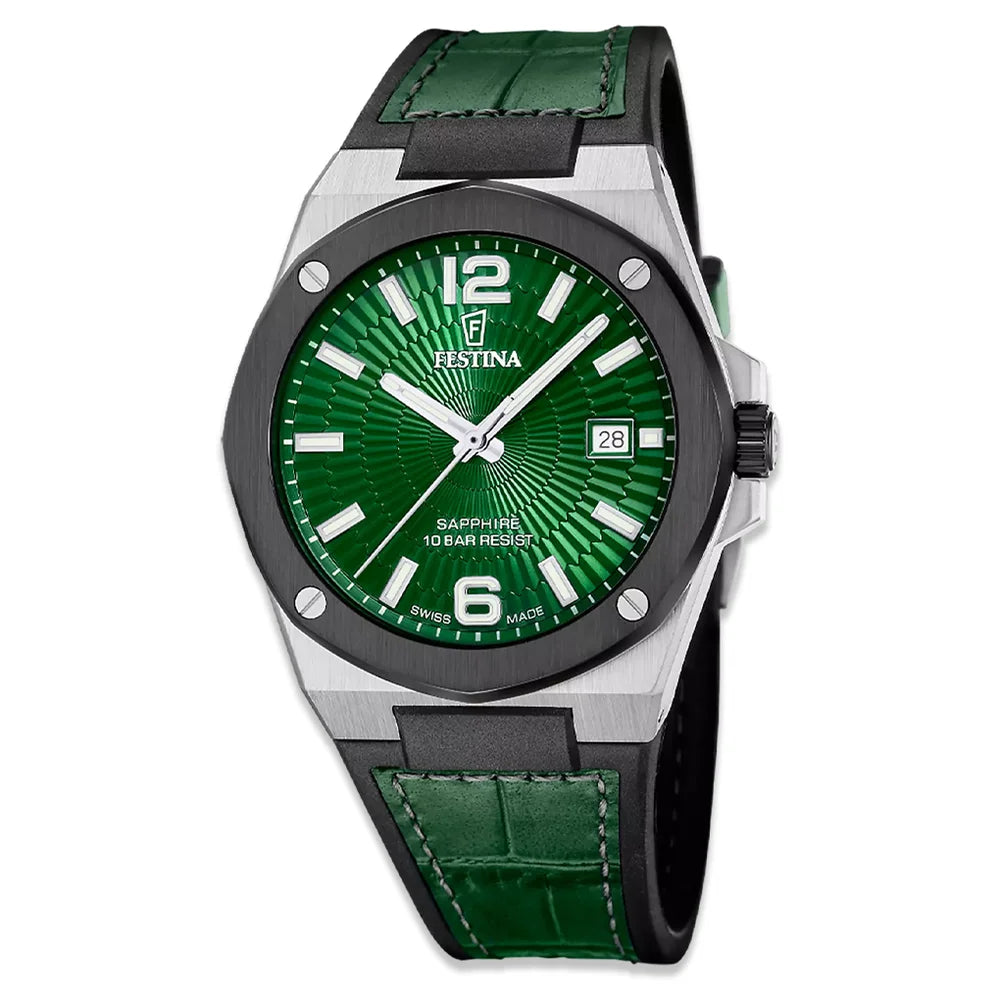 Festina Swiss Made Herrenuhr Vallee Grün – Band Grün, Ziffernblatt Grün, Gehäuse gebürsteter Stahl – Luxus Herrenuhr sicher online im Juwelier Tirol Shop kaufen