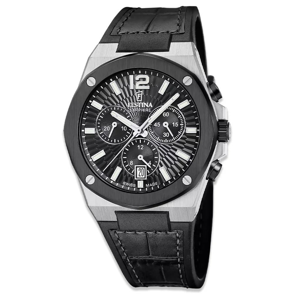 Festina Swiss Made Herrenuhr Vallee Schwarz – Band Schwarz, Ziffernblatt Schwarz, Gehäuse gebürsteter Stahl – Luxus Herrenuhr sicher online im Juwelier Tirol Shop kaufen