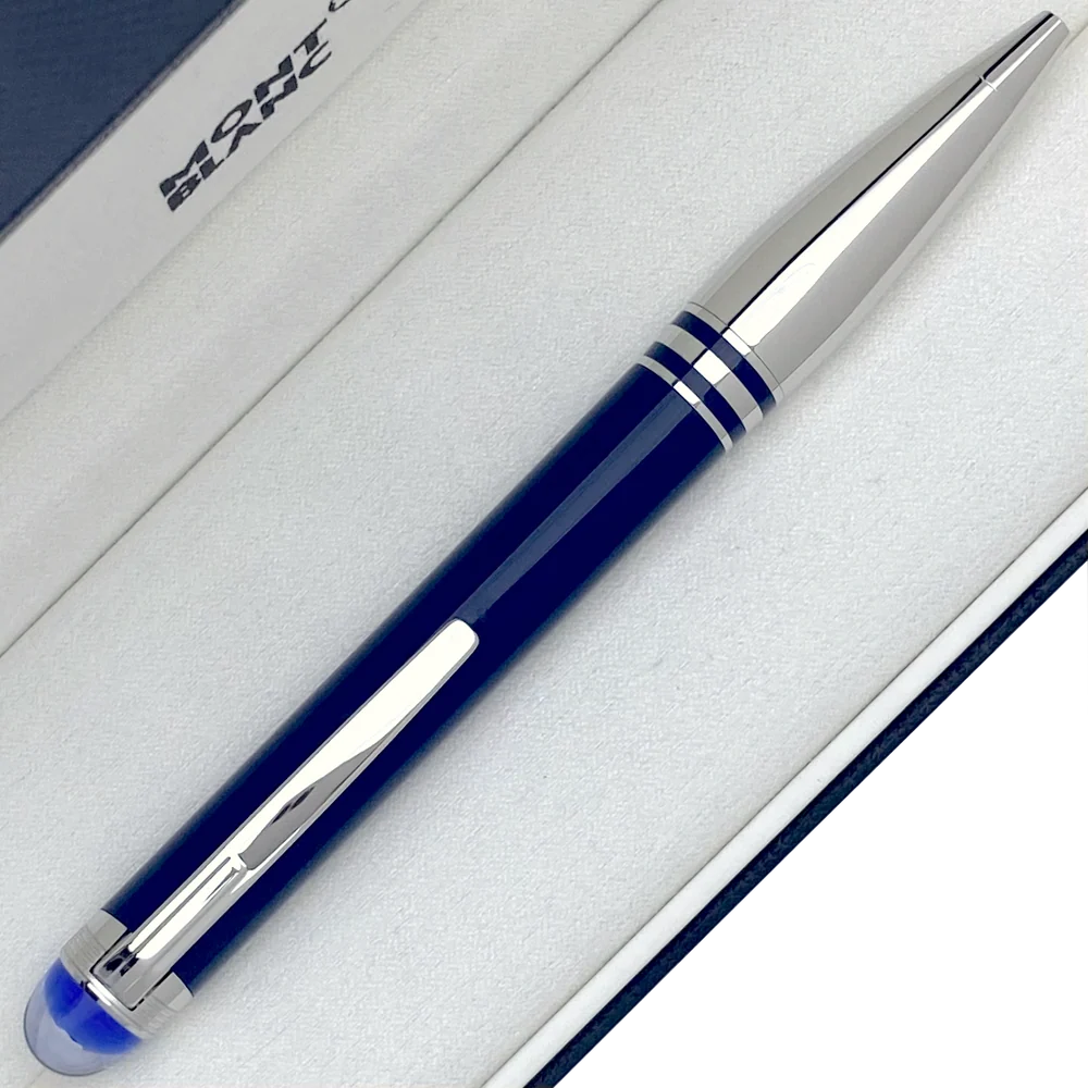 Platinierte polierte Beschläge, Kappenkopf mit blauem Montblanc Emblem unter transparenter Kuppel, StarWalker Blauer Planet Design