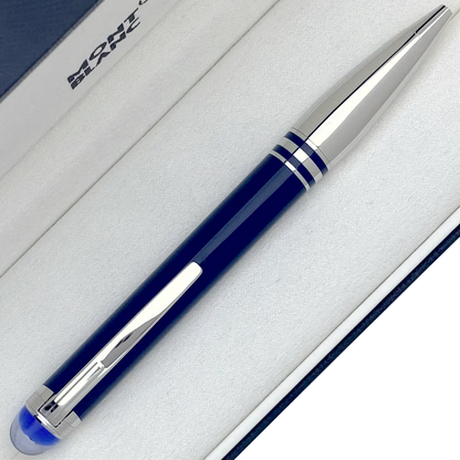 Platinierte polierte Beschläge, Kappenkopf mit blauem Montblanc Emblem unter transparenter Kuppel, StarWalker Blauer Planet Design