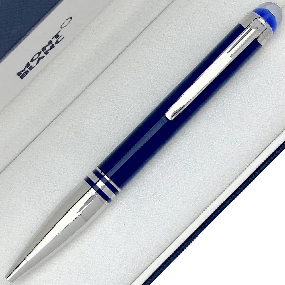 Platinierte polierte Beschläge, Kappenkopf mit blauem Montblanc Emblem unter transparenter Kuppel, StarWalker Blauer Planet Design
