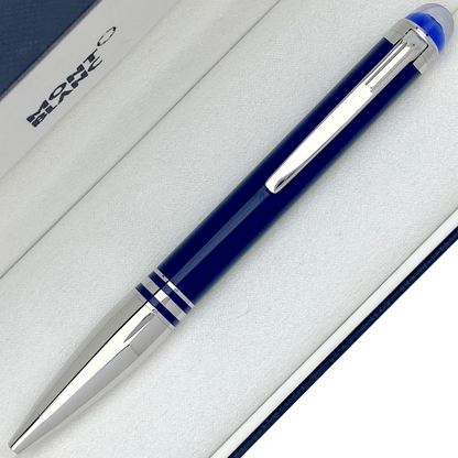 Platinierte polierte Beschläge, Kappenkopf mit blauem Montblanc Emblem unter transparenter Kuppel, StarWalker Blauer Planet Design